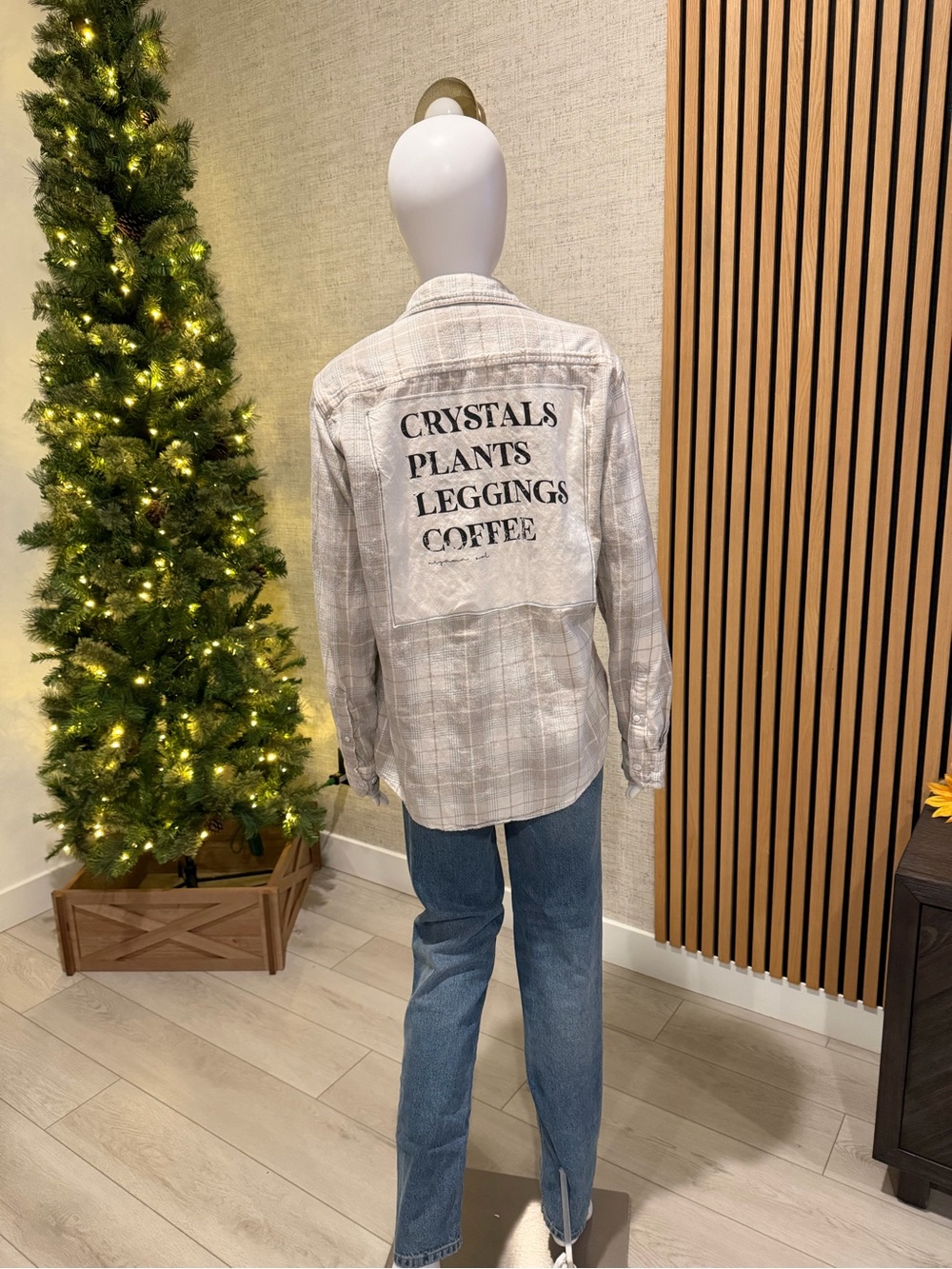 Sonoma Beige Plaid Button-Down Shirt with Back Graphic